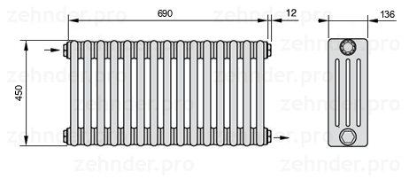 Схема (чертеж) Радиатор Zehnder Charleston 4045/15 №1670 Белый глянцевый RAL 9016